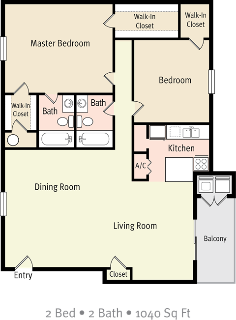Floor plan for 2 beds, 2 baths, 1040 sqft